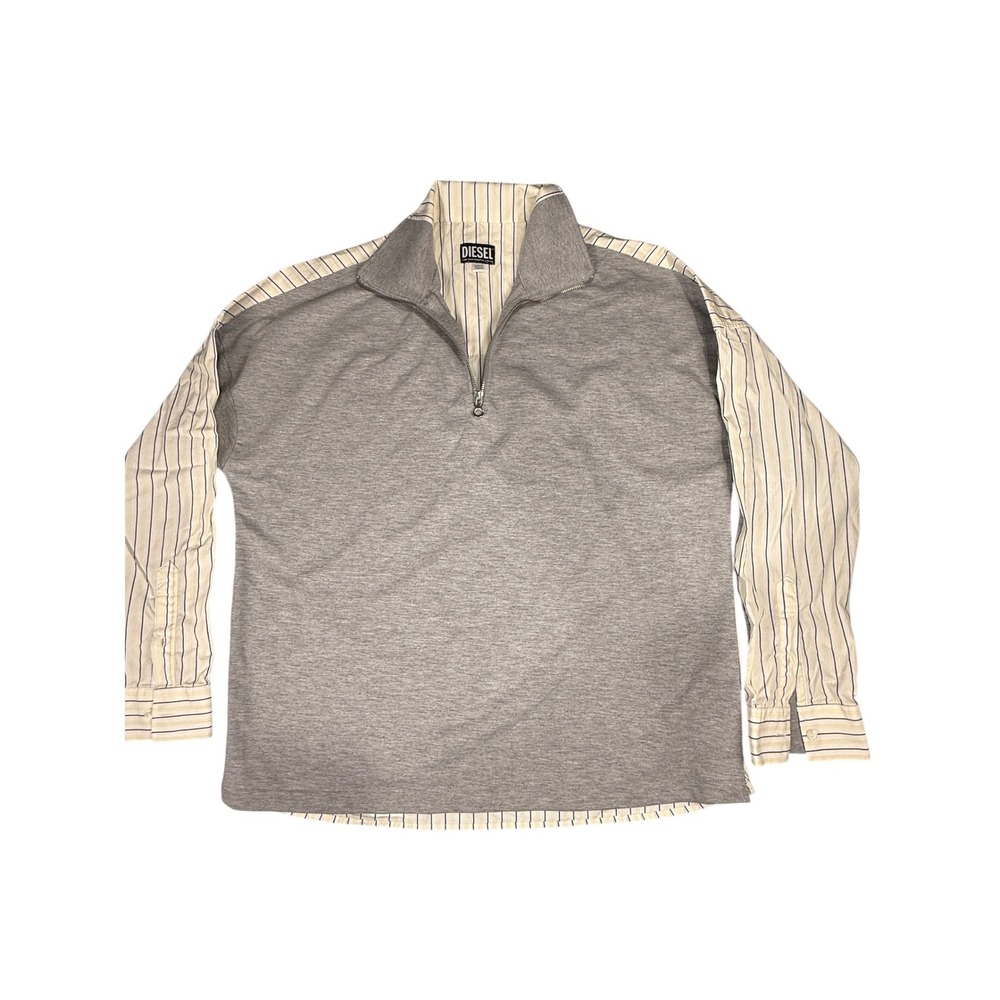 Diesel Mens Hybrid Quarter Zip Pullover Sweatshirt Striped Shirt Grey Large